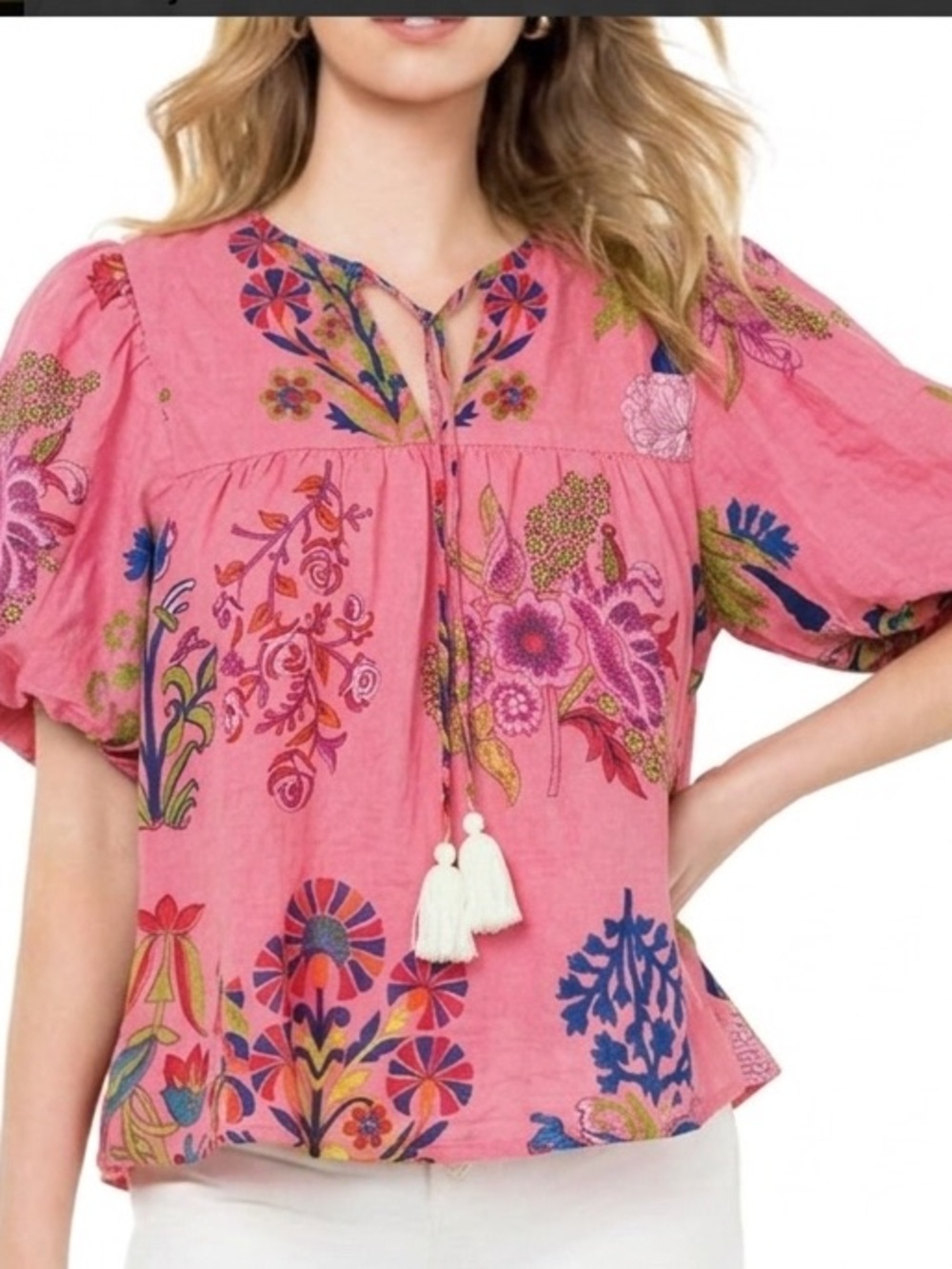 THML Anthropologie size S hot Pink Floral puff sleeve Peasant Top